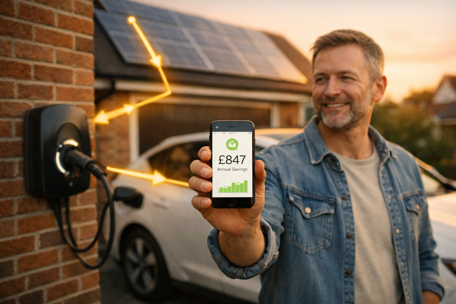 British homeowner in driveway beside electric vehicle at golden hour, holding smartphone showing charging cost savings