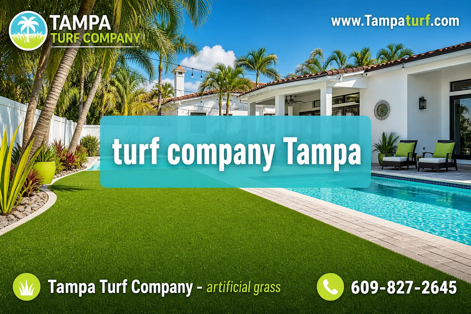 Professional () editorial hero image with SHORT (≤42 chars): 'turf company Tampa', crisp white modern centered on a