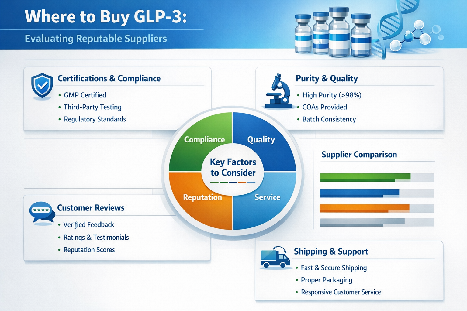 Professional landscape infographic (1536x1024) for article "Where to Buy GLP-3: Your Complete 2026 Guide to Sourcing Research-Grade Peptides
