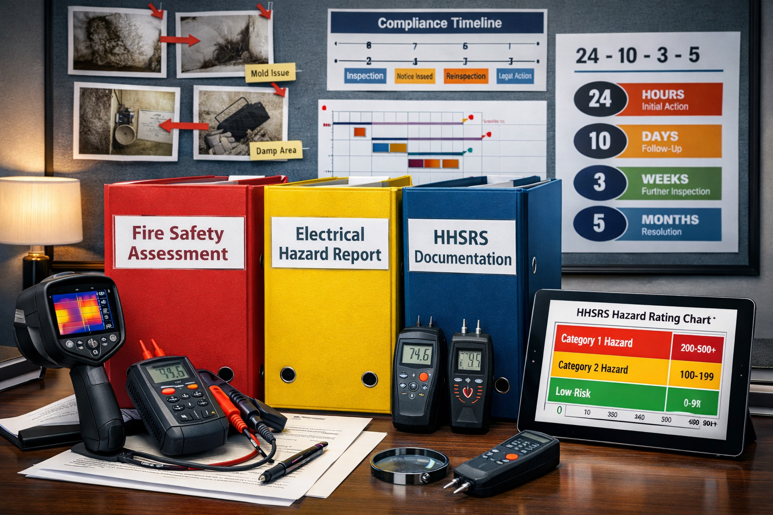 () image showing detailed evidence documentation setup for Awaab's Law expert witness testimony. Scene features organized