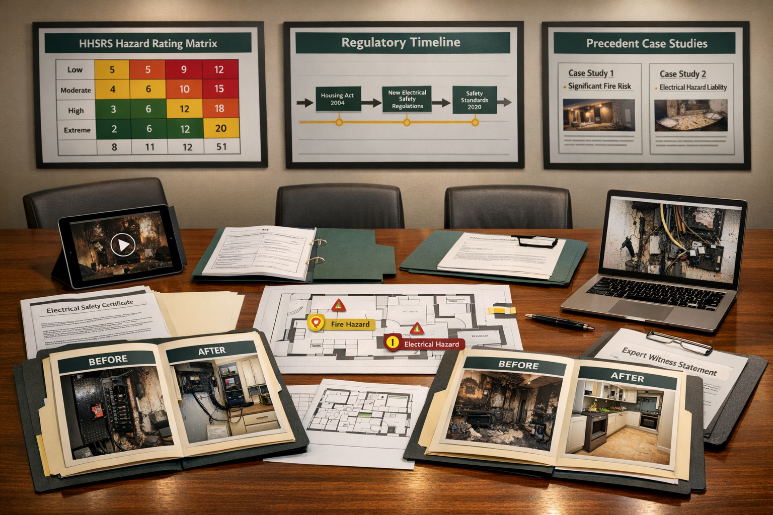 () image showing comprehensive RICS case study presentation layout for rental property hazard assessment. Scene features