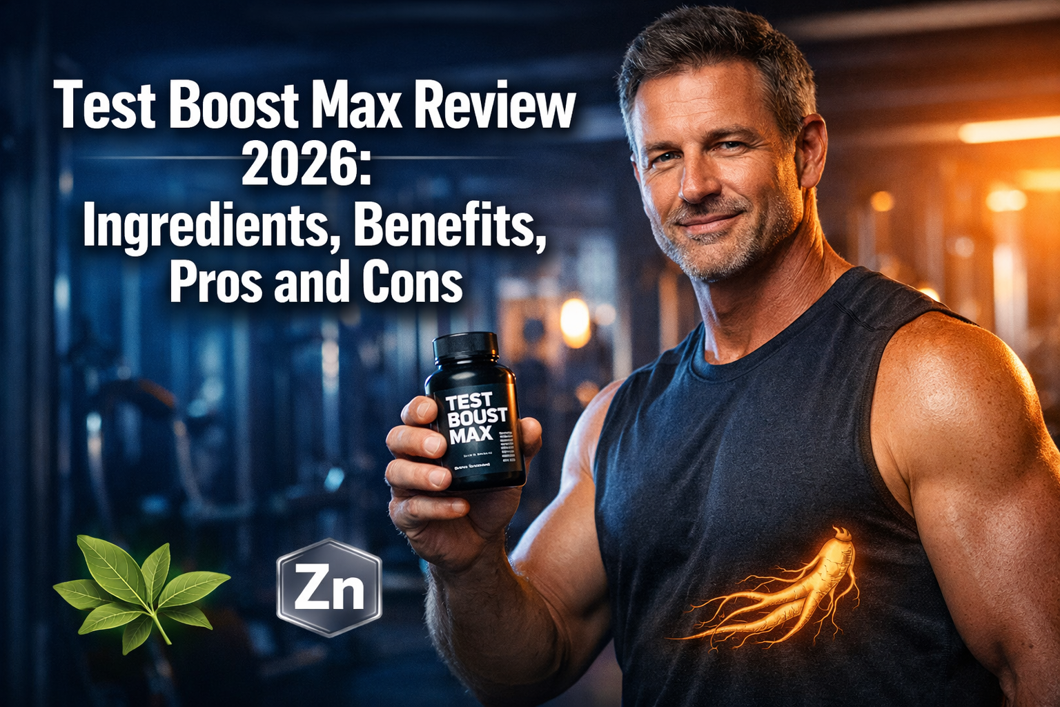 Professional () hero image with : 'Test Boost Max Review 2026: Ingredients, Benefits, Pros and Cons' in extra large white