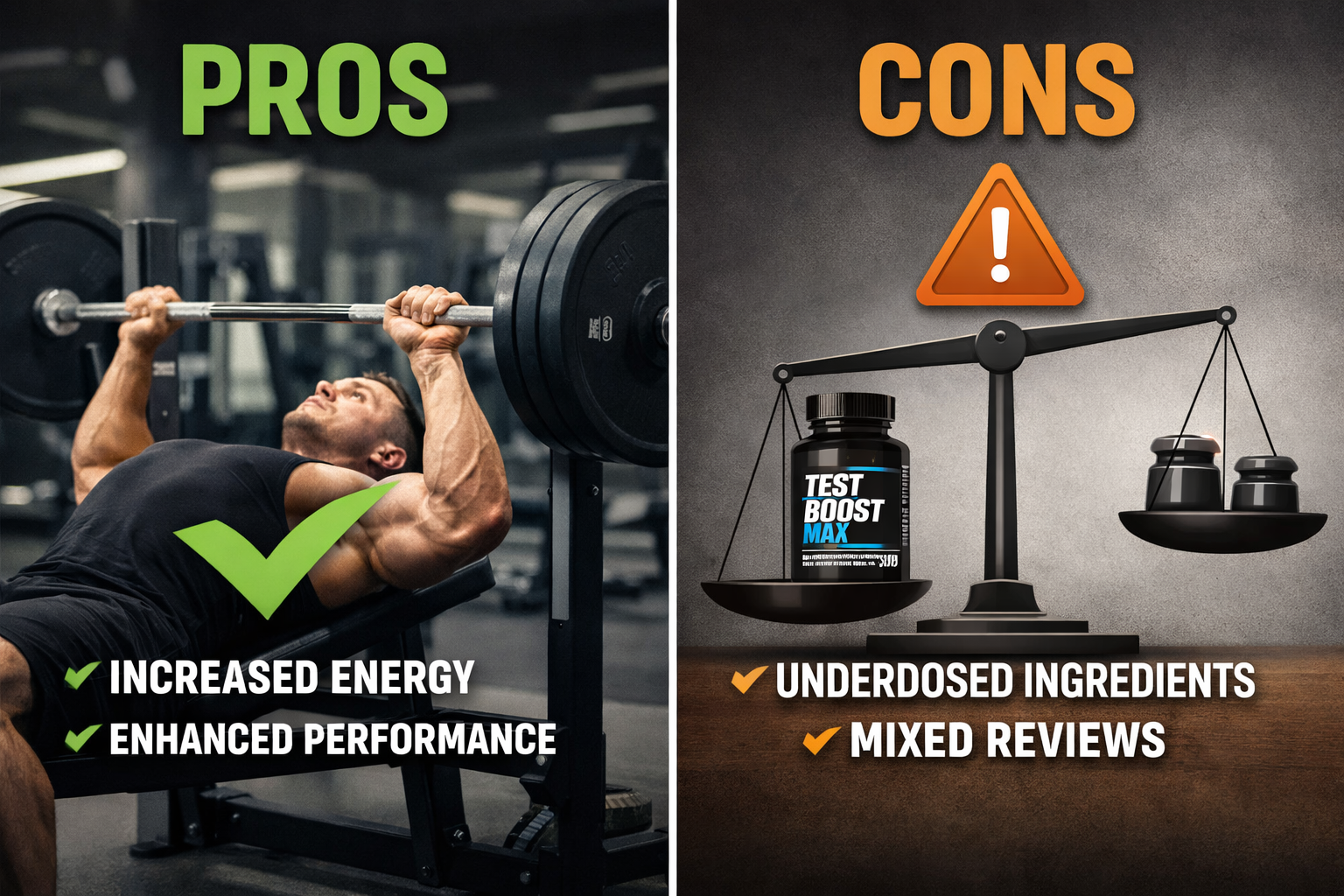 () side-by-side pros and cons comparison visual for Test Boost Max testosterone booster. Split-screen design: left side
