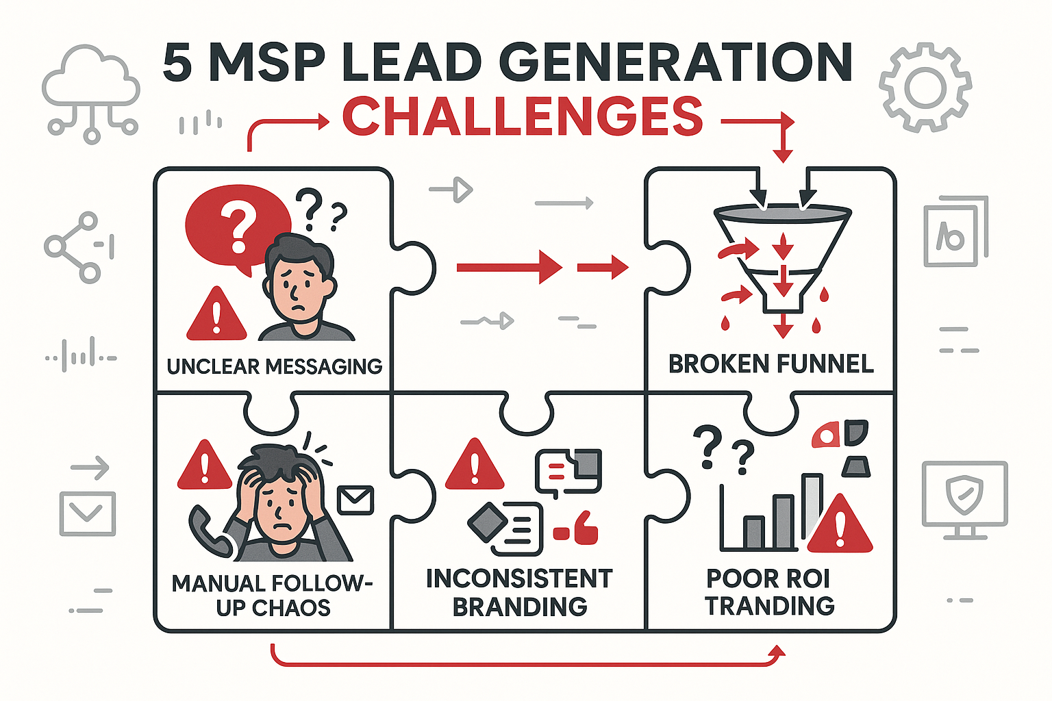 Detailed infographic showing the five core MSP lead generation challenges as interconnected puzzle pieces with missing gaps: unclear messagi