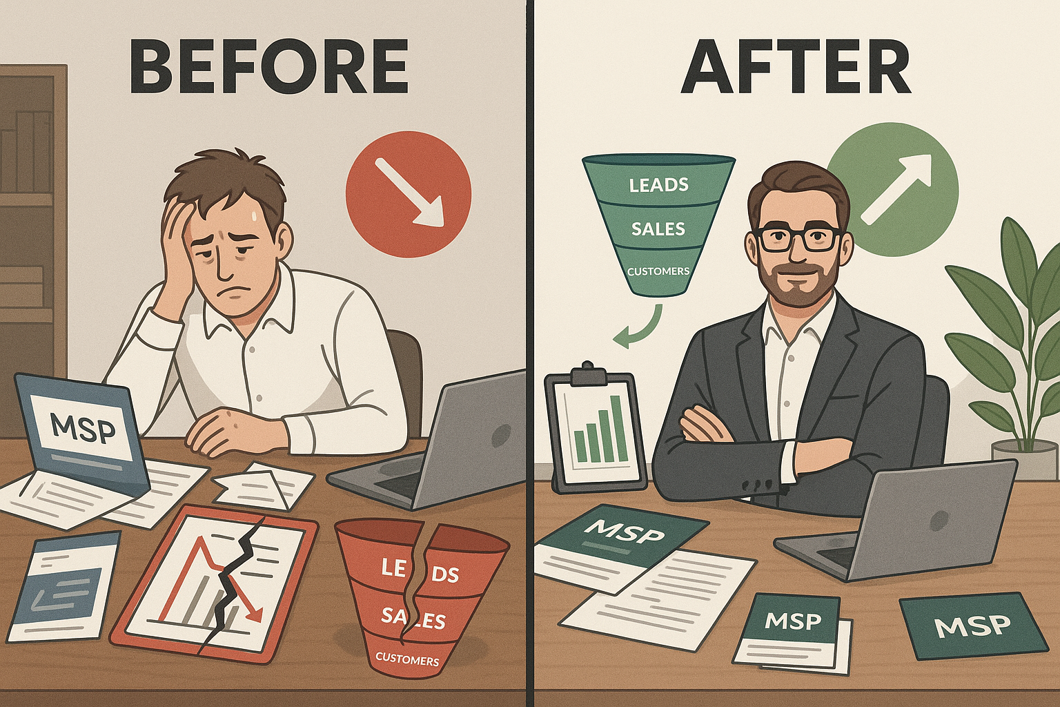 Split-screen comparison visual showing 'Before vs After' MSP marketing transformation. Left side: chaotic desk with scattered papers, declin