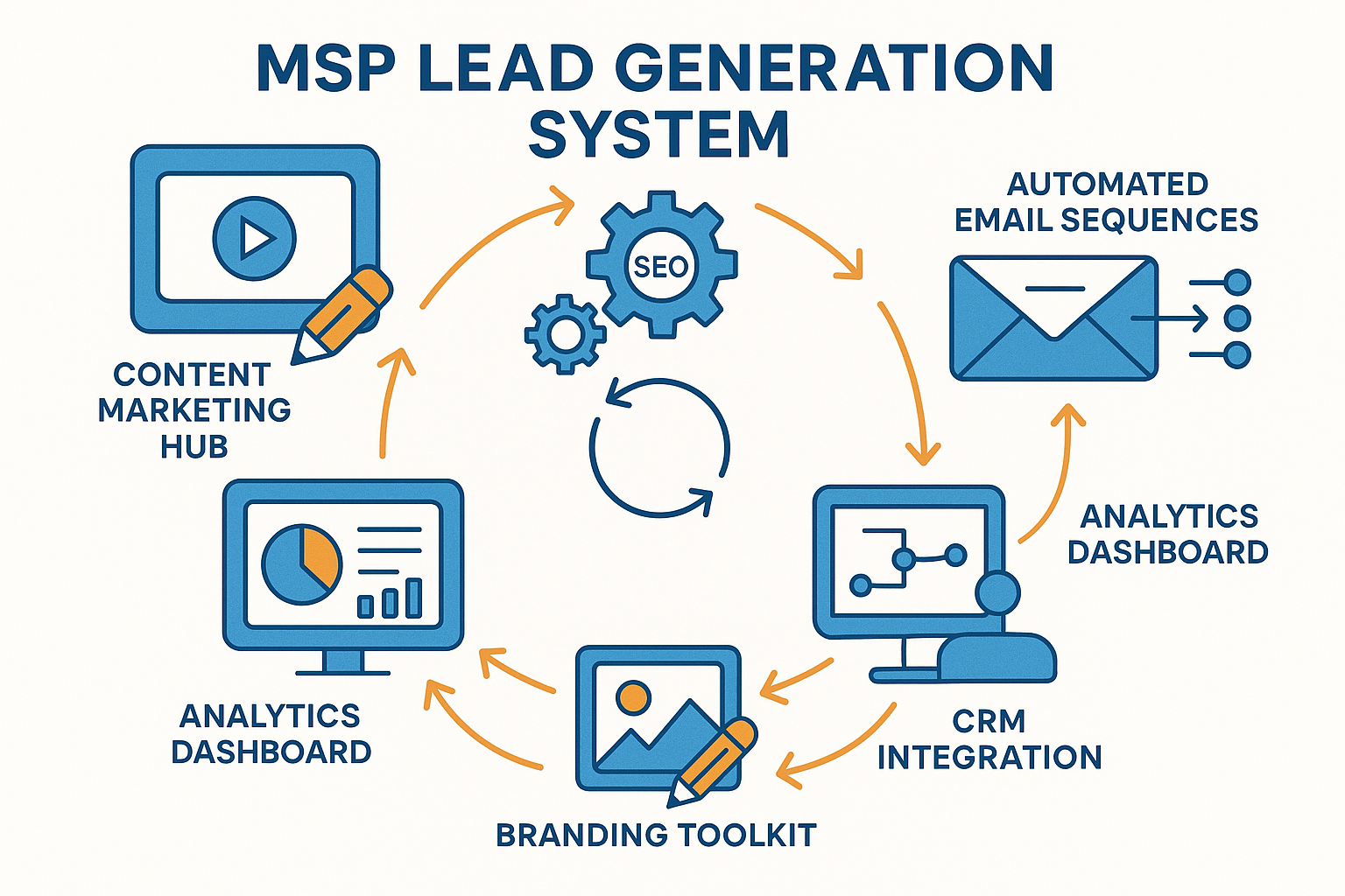 Comprehensive MSP lead generation system blueprint diagram showing interconnected components: content marketing hub, SEO optimization gears,