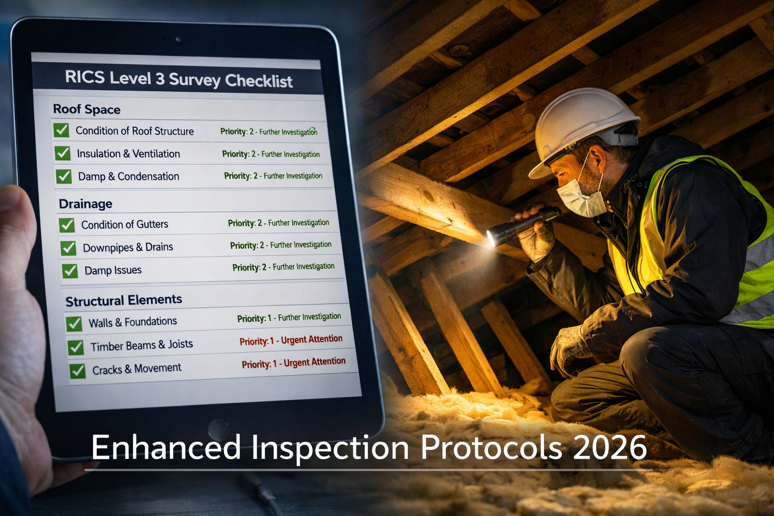 () editorial image showing split-screen composition: left side displays detailed RICS Level 3 survey checklist on digital