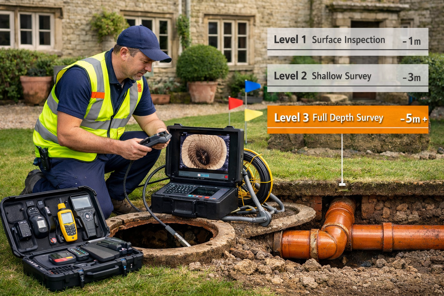 () professional photograph showing surveyor conducting drainage inspection, kneeling beside opened manhole cover with