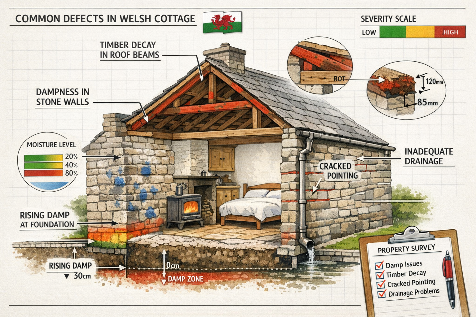 () detailed cutaway illustration of traditional Welsh stone cottage showing cross-section view with labeled common defects: