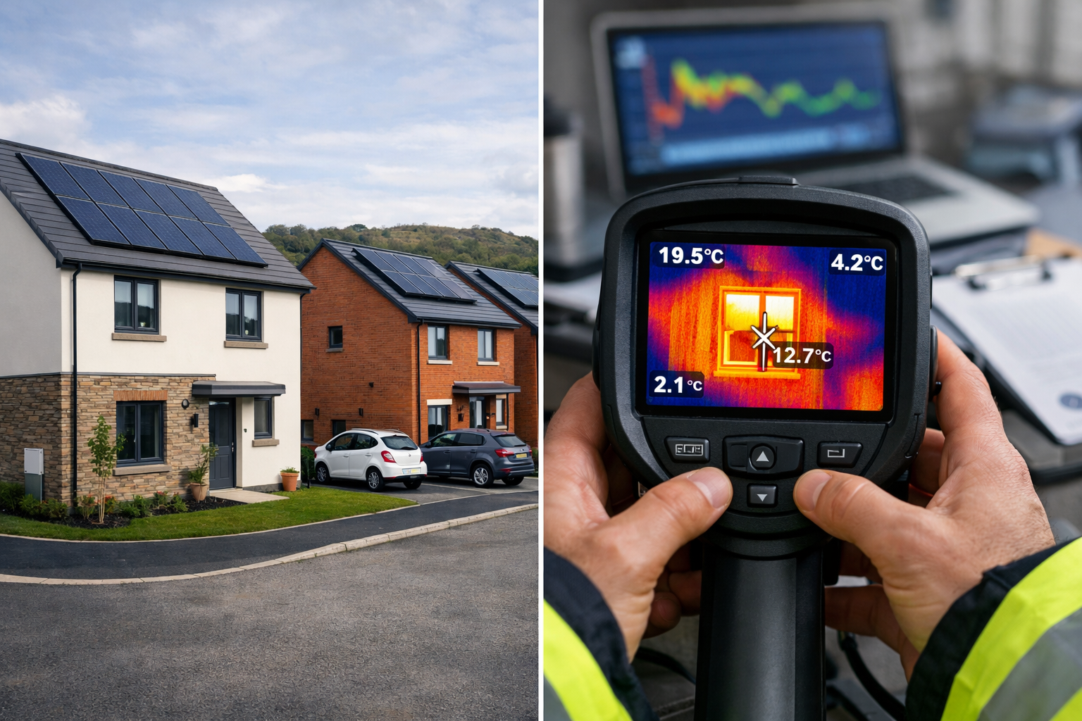 () split-screen comparison image showing left side: modern new-build Welsh housing development with EPC A-rated homes, solar