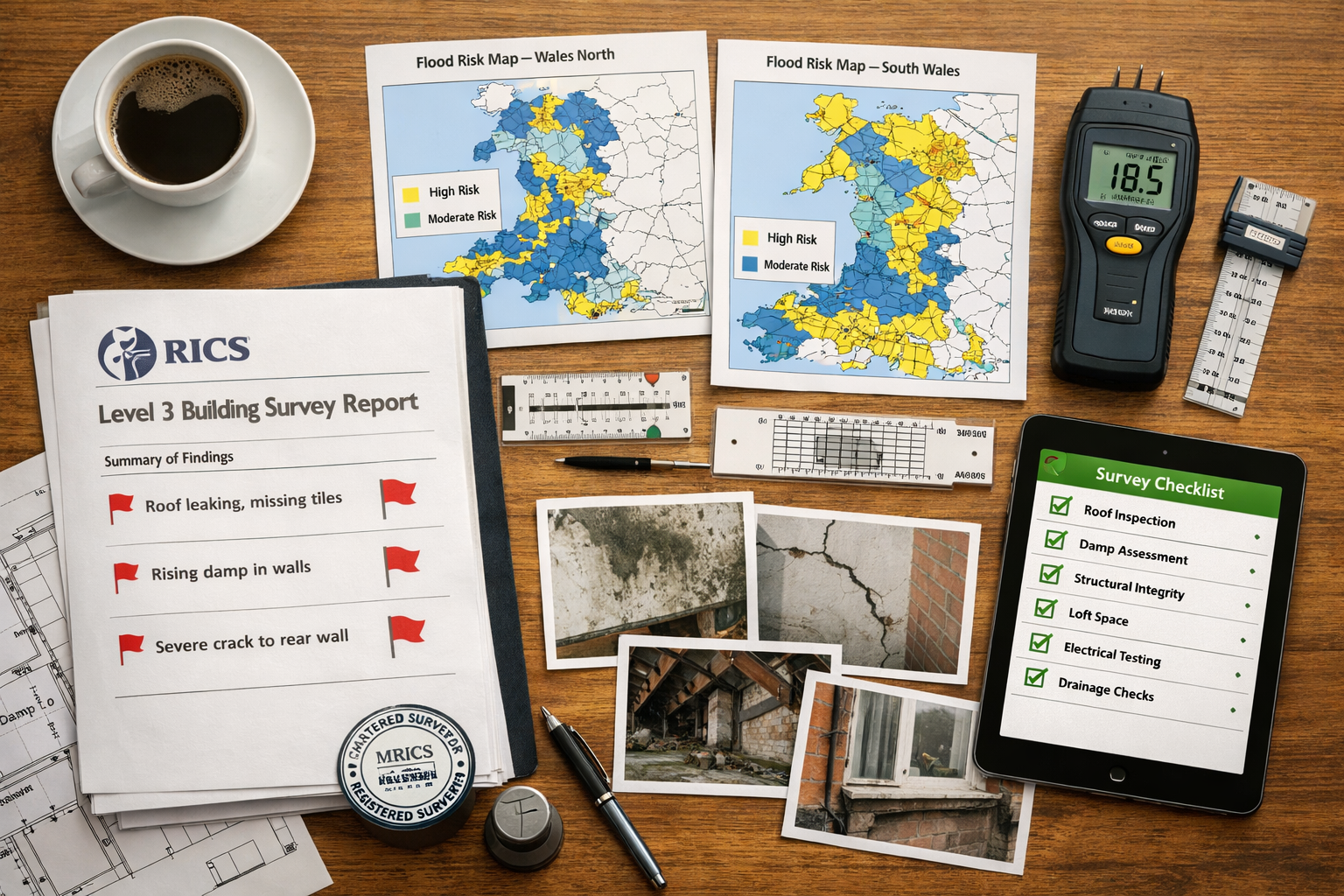 () overhead flat-lay composition of comprehensive building survey documentation spread across wooden desk: RICS Level 3