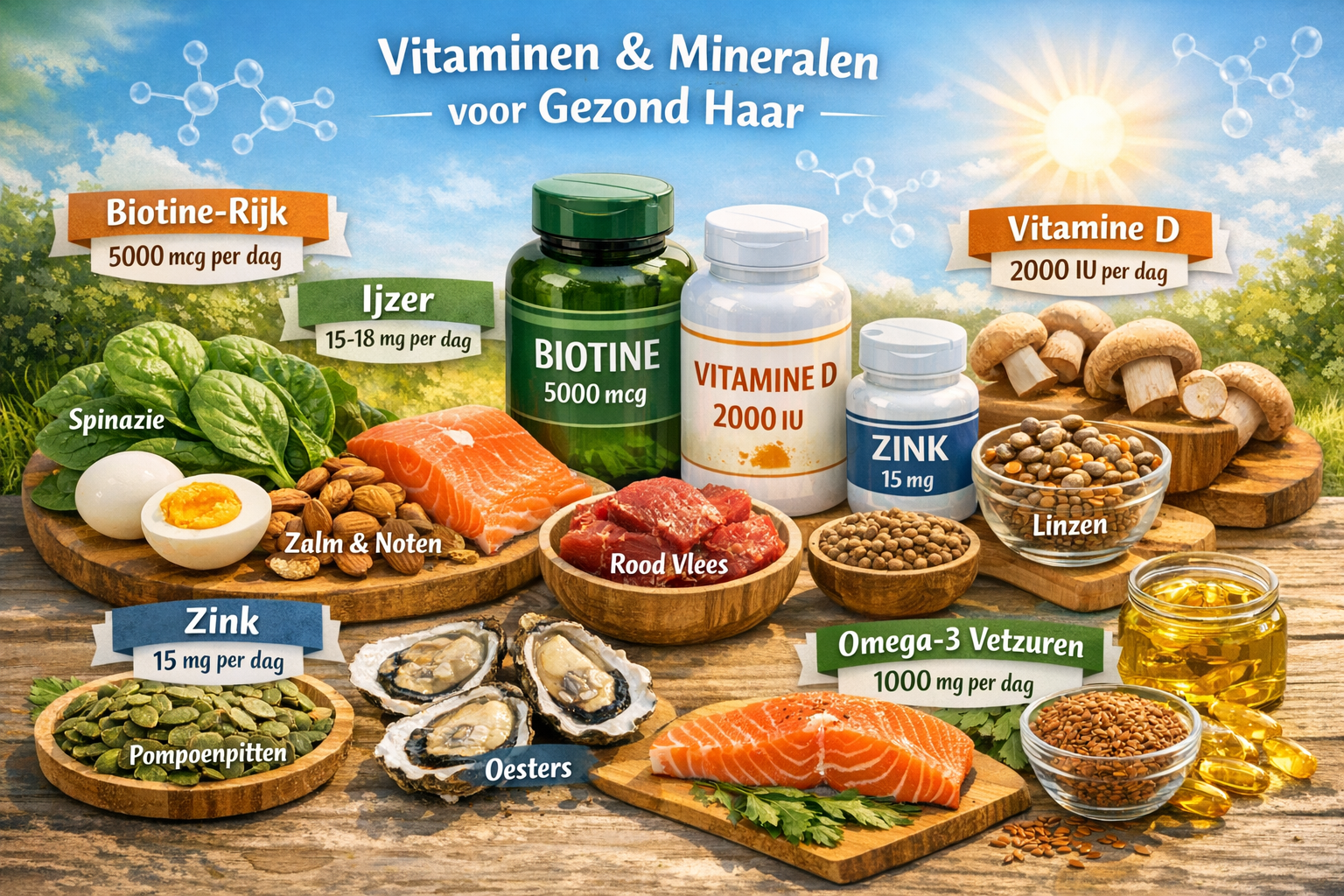 Afbeeldingen met nederlandse tekst Vibrant landscape composition (1536x1024) displaying essential vitamins and minerals for hair health in a