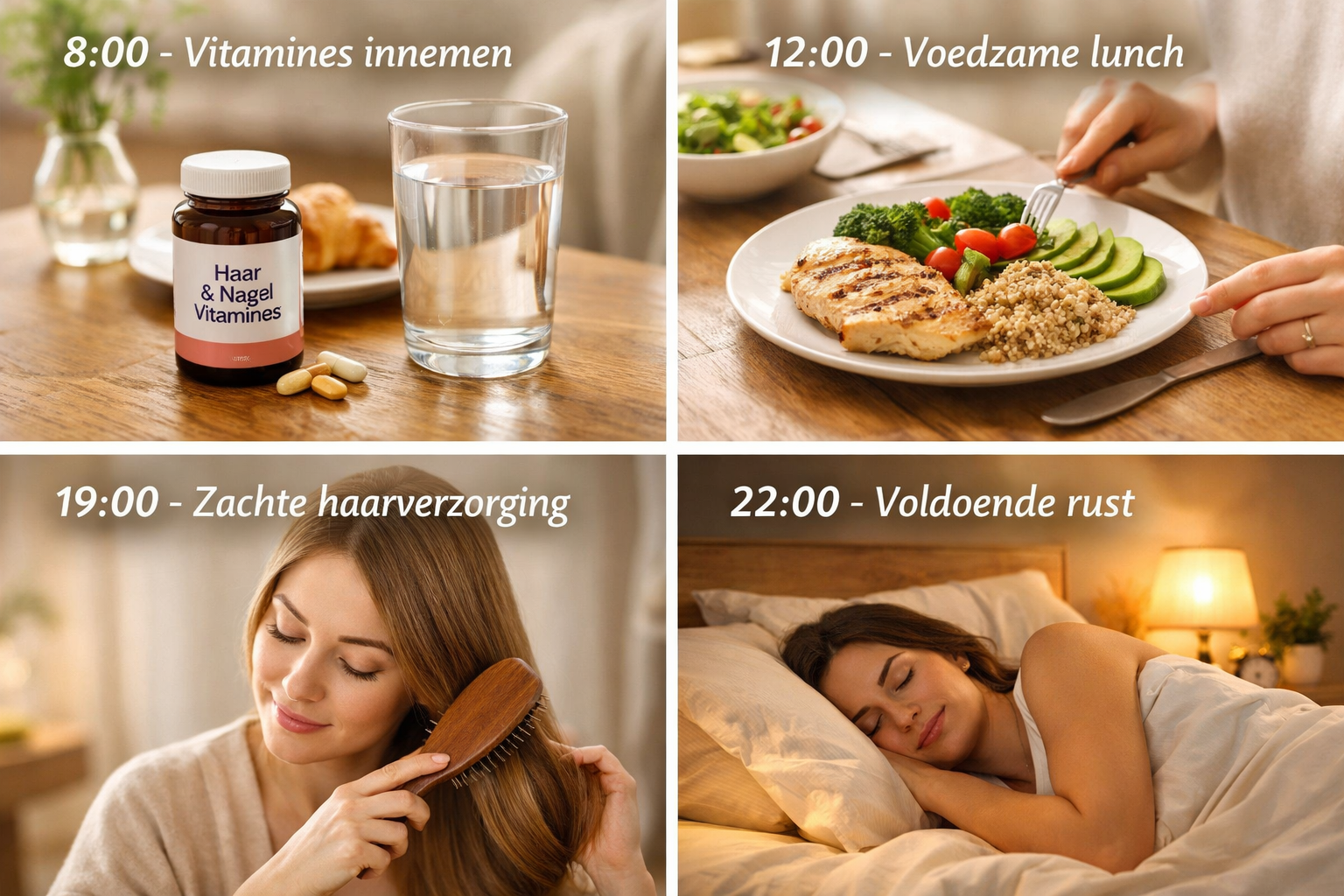 Afbeeldingen met nederlandse tekst Lifestyle landscape image (1536x1024) showing practical daily routine for postpartum hair care. Split-scr