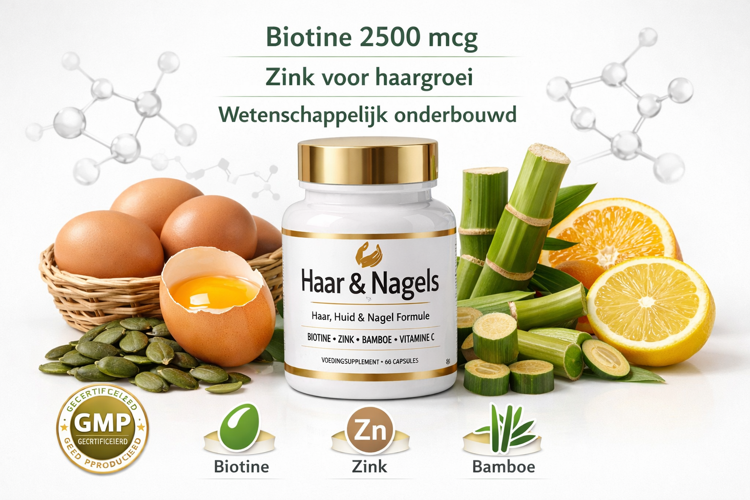 Afbeeldingen met nederlandse tekst Professional product-focused landscape image (1536x1024) featuring high-quality hair supplement bottle (s