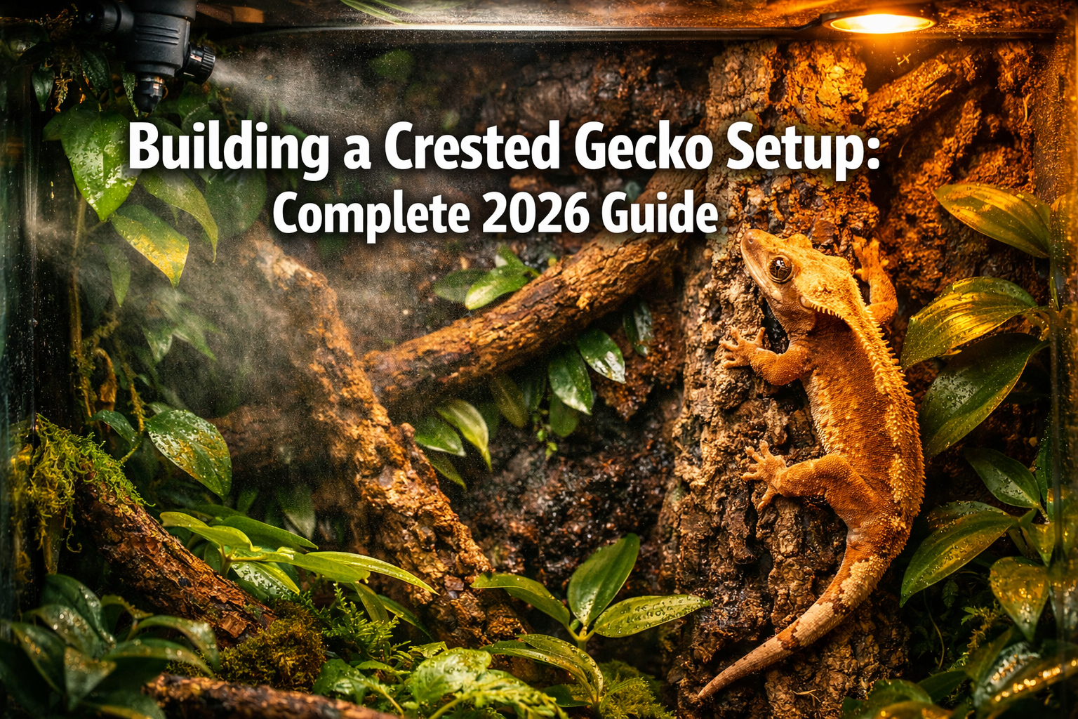 Professional landscape format (1536x1024) hero image featuring bold text overlay 'Building a Crested Gecko Setup: Complete 2026 Guide' in ex