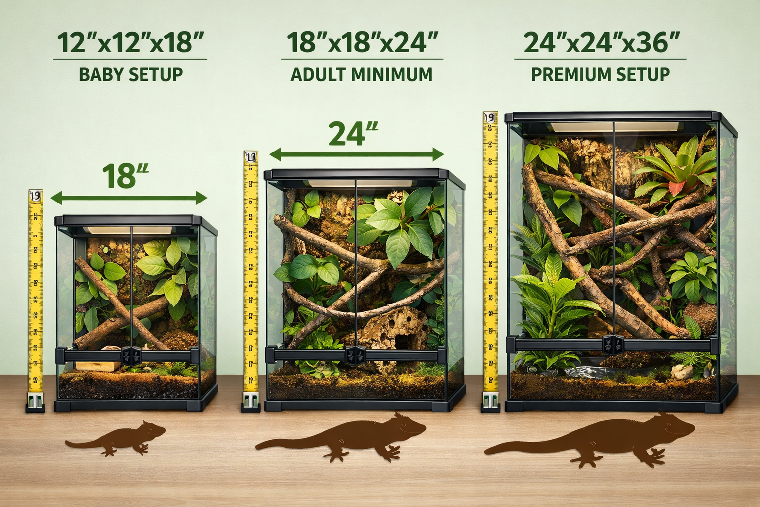 Landscape format (1536x1024) detailed comparison image showing three different enclosure sizes side-by-side: 12x12x18 inch baby setup, 18x18