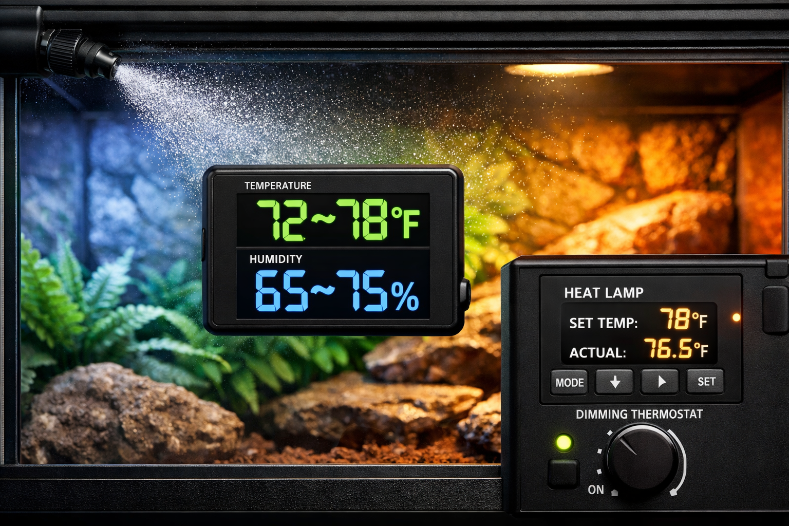 Landscape format (1536x1024) detailed temperature and humidity monitoring setup showing digital thermometer/hygrometer mounted on terrarium 