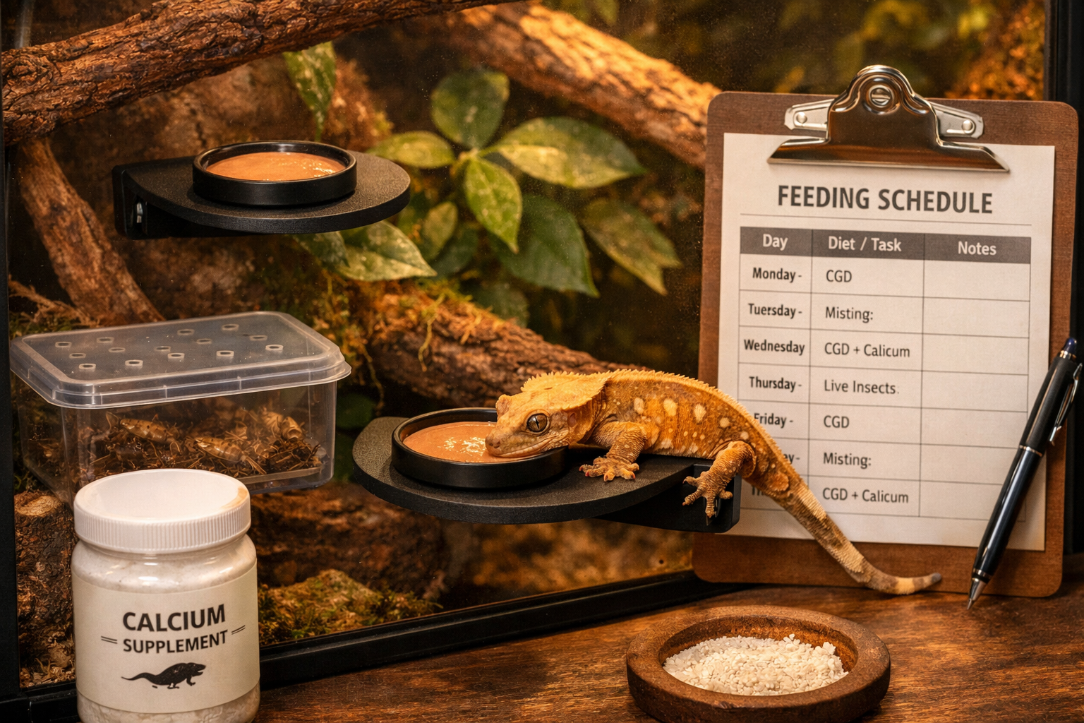 Landscape format (1536x1024) comprehensive feeding station setup showing dual magnetic feeding ledges mounted at different heights in terrar