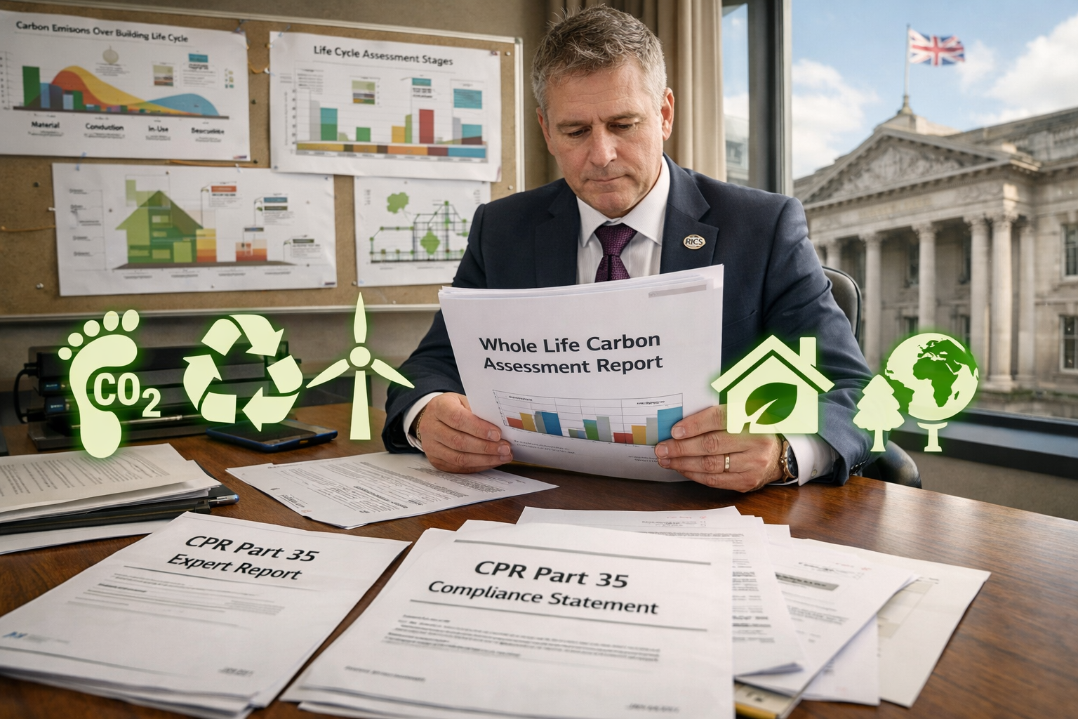 Detailed () showing a RICS-accredited chartered surveyor in professional attire reviewing a Whole Life Carbon Assessment