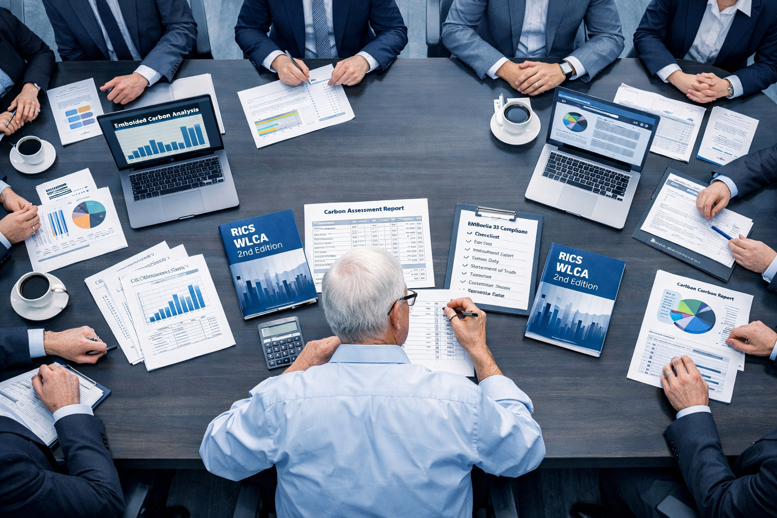 () aerial top-down view of a large conference table where two opposing legal teams face each other, with a neutral Single