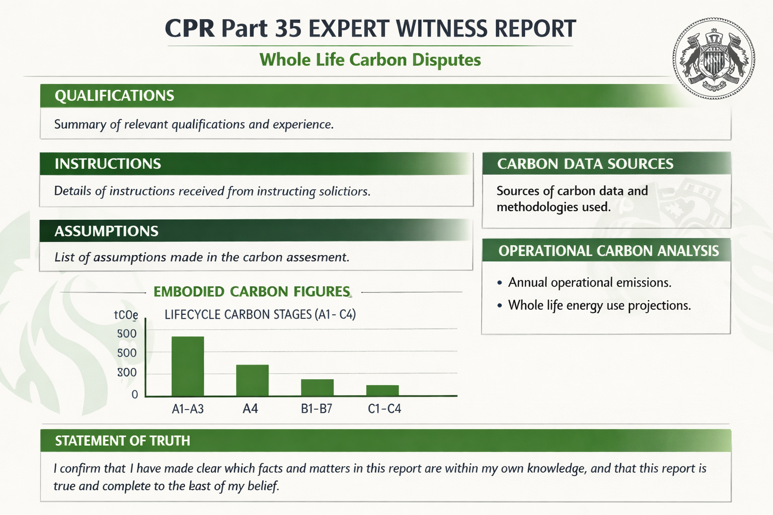 () close-up infographic-style image showing a structured CPR Part 35 expert witness report template for whole life carbon