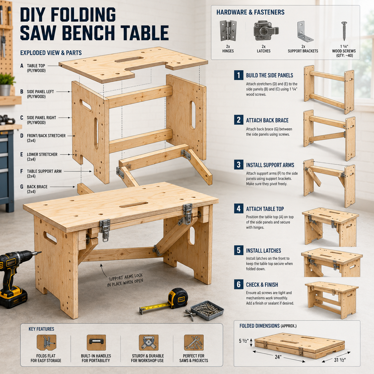 The Versatility of a DIY Folding Saw Bench Table: A Compact Combination of Sawhorse and Assembly Table