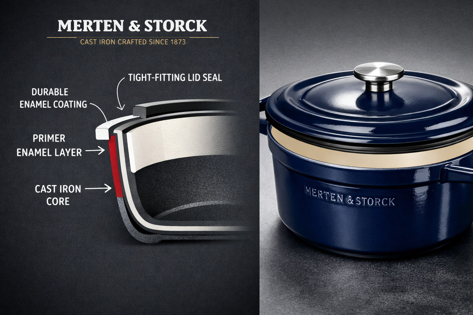 Detailed () editorial image showing a close-up cross-section infographic of a Merten Storck cast iron dutch oven wall