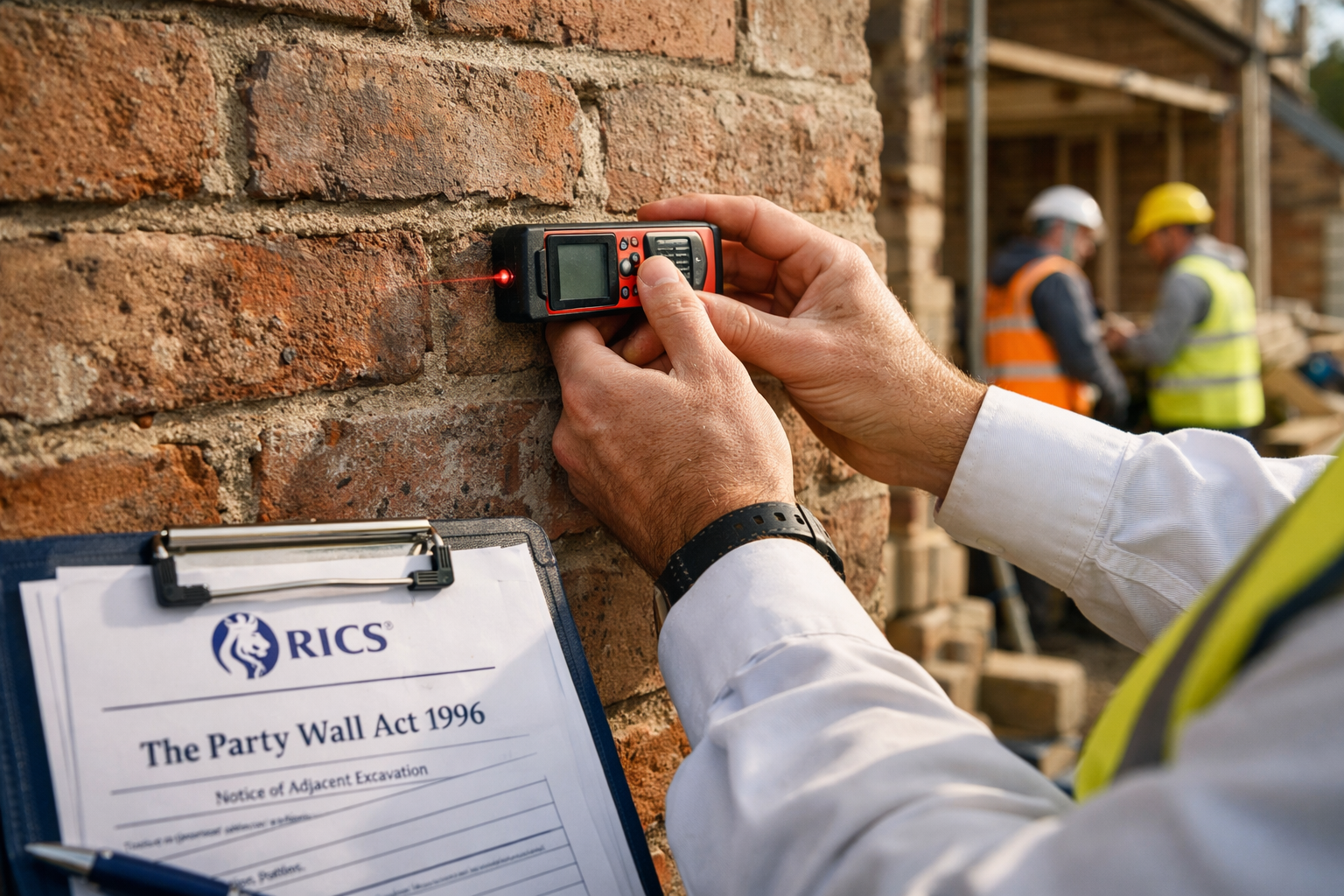 Detailed () editorial photograph showing professional RICS surveyor conducting detailed party wall inspection between two
