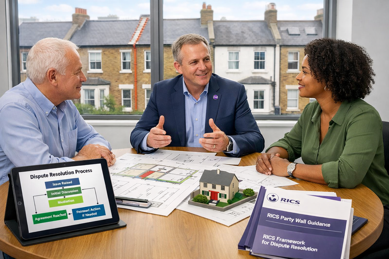 Wide-angle () infographic-style photograph showing modern mediation scene in bright professional office setting. Two