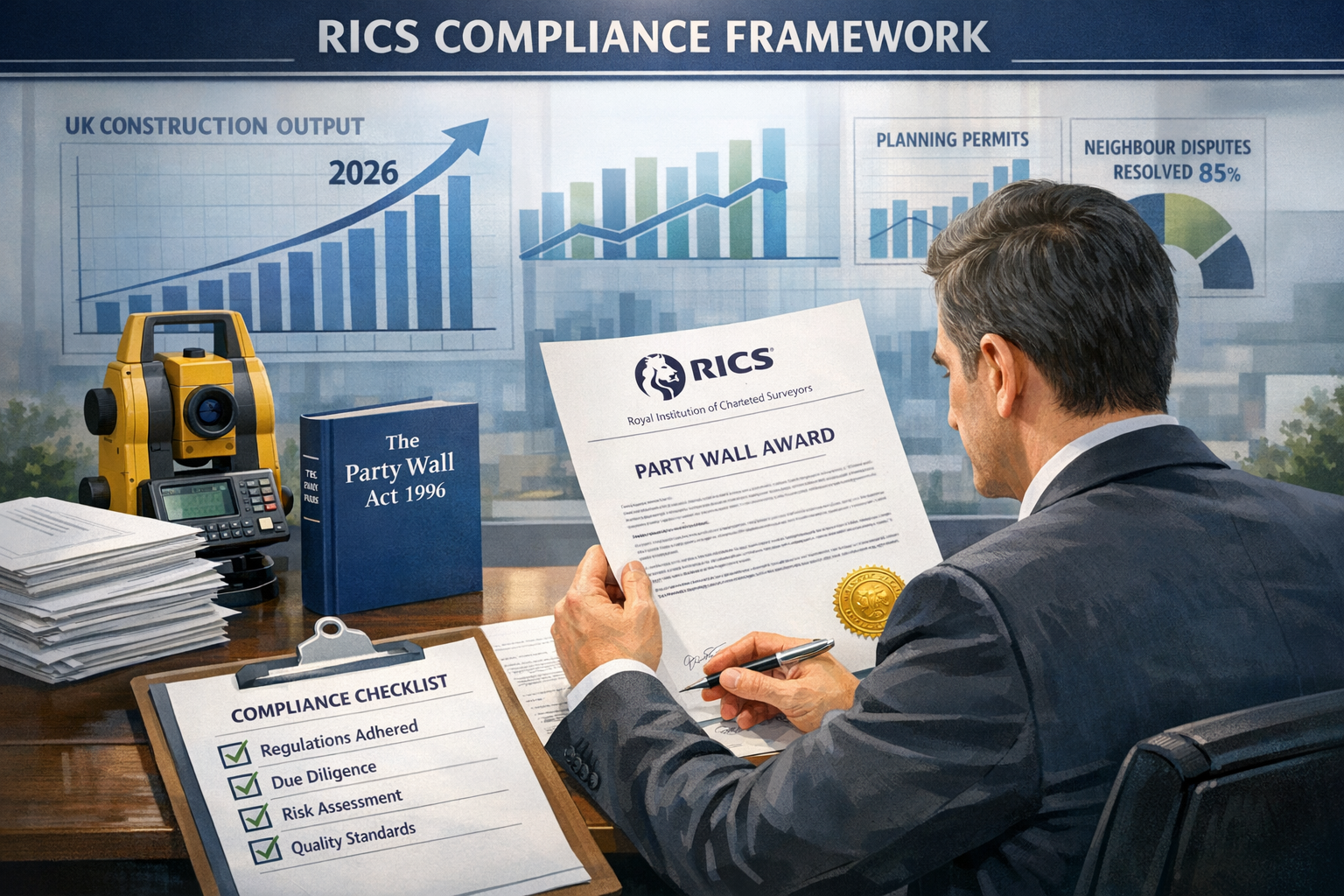 Detailed () composite image showing RICS compliance framework visualization. Center features professional surveyor reviewing