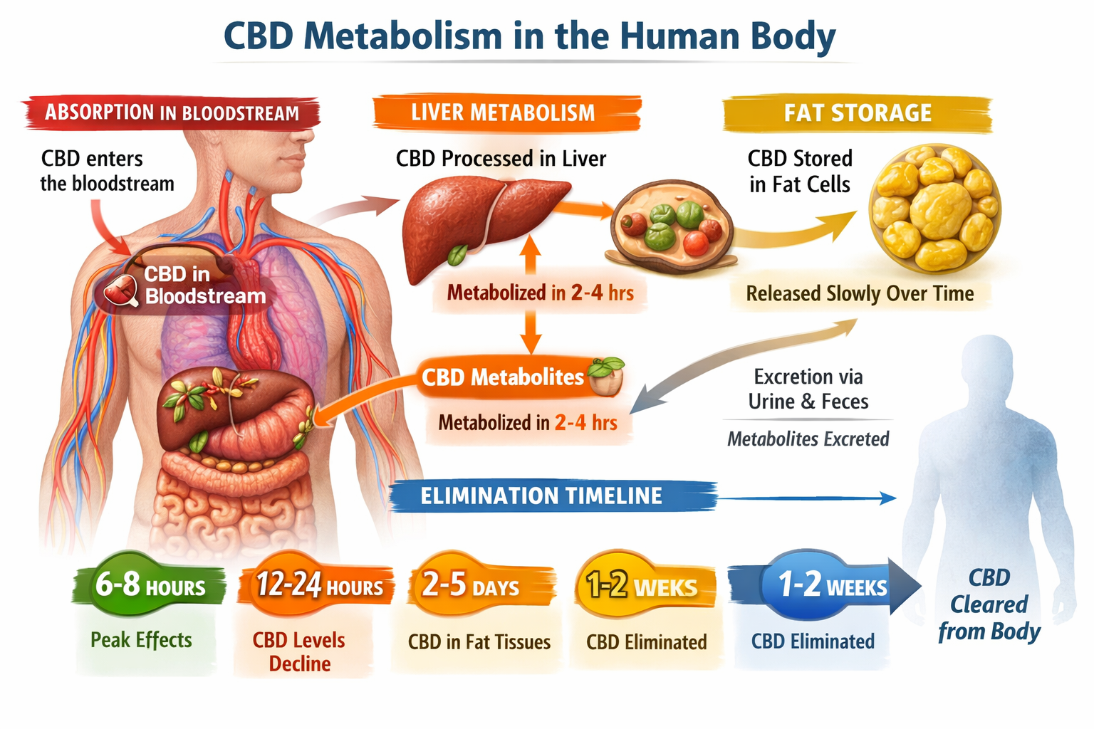 Detailed anatomical infographic showing CBD metabolism pathway through the human body: liver processing, fat cell storage,