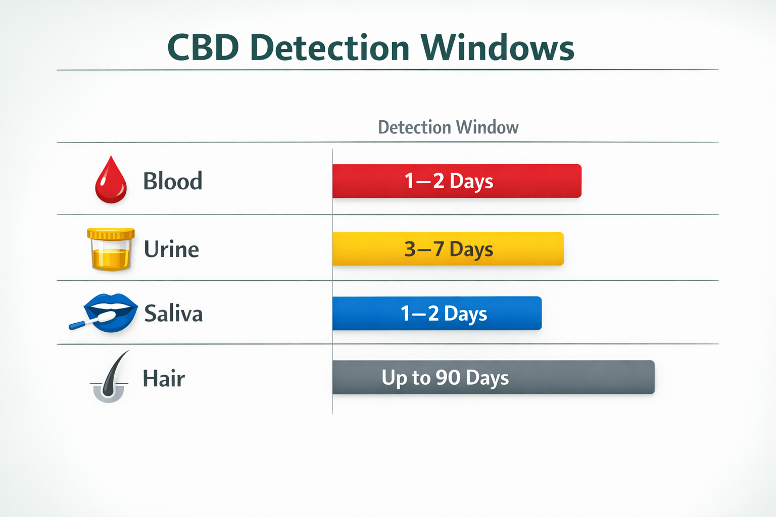 Clean comparison chart/table graphic showing detection windows for CBD across different testing methods (blood, urine,