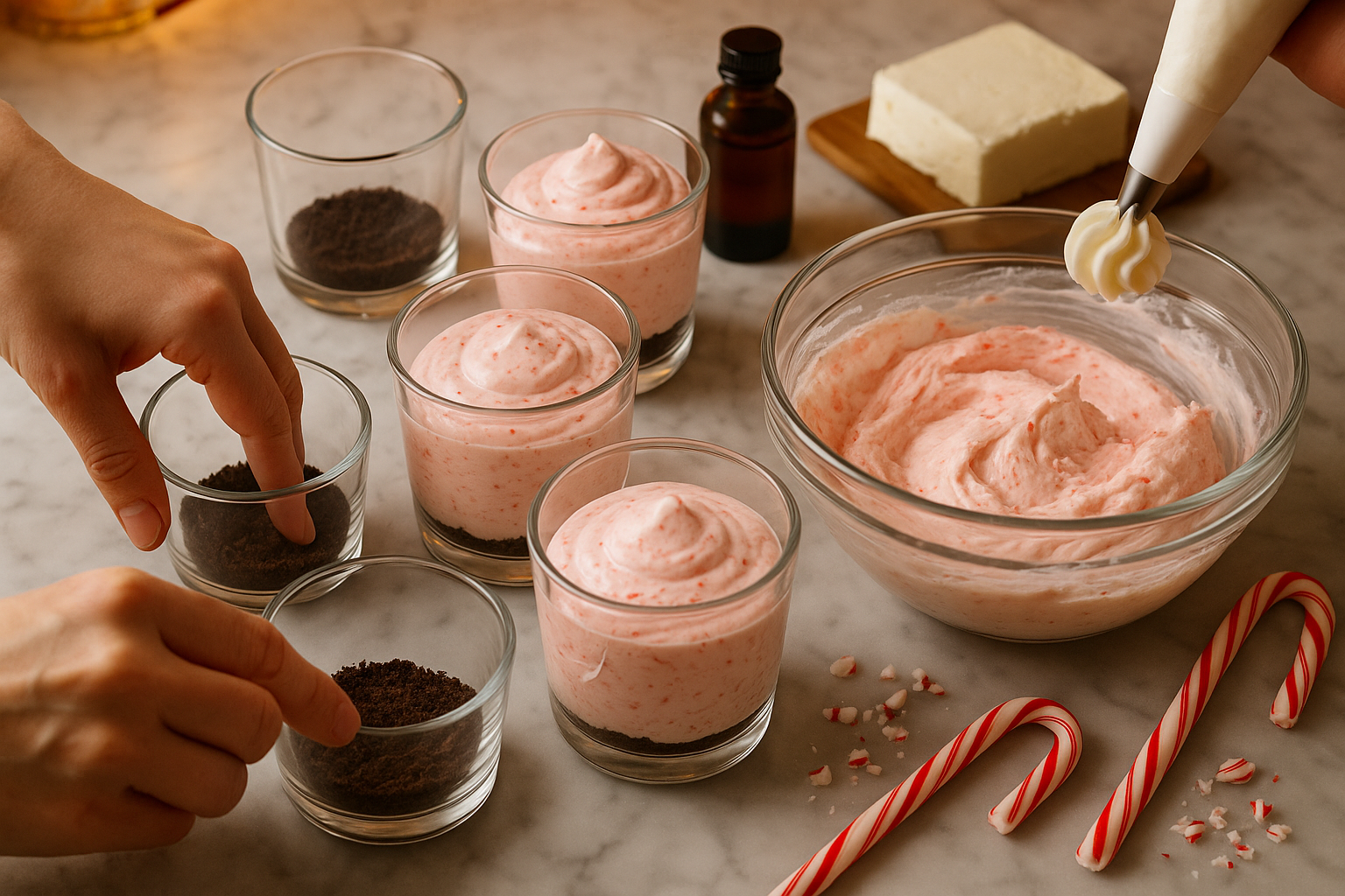 Close-up lifestyle image showing hands assembling peppermint cheesecake mousse cups with step-by-step preparation process visible. Multiple 