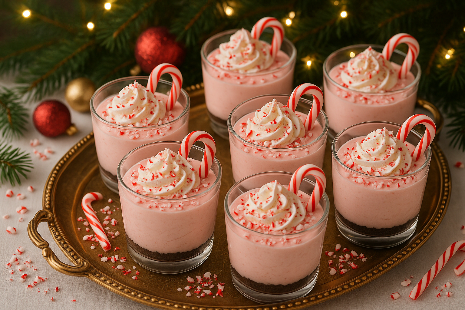 Festive table setting featuring completed peppermint cheesecake mousse cups arranged on elegant serving tray for holiday entertaining. Multi