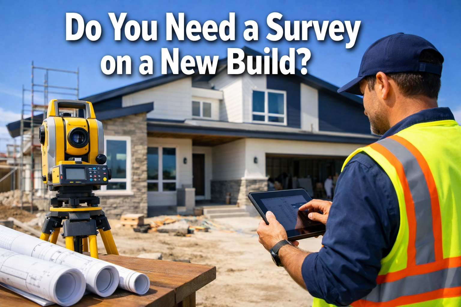 Professional landscape format (1536x1024) hero image featuring bold text overlay 'Do You Need a Survey on a New Build?' in extra large 72pt
