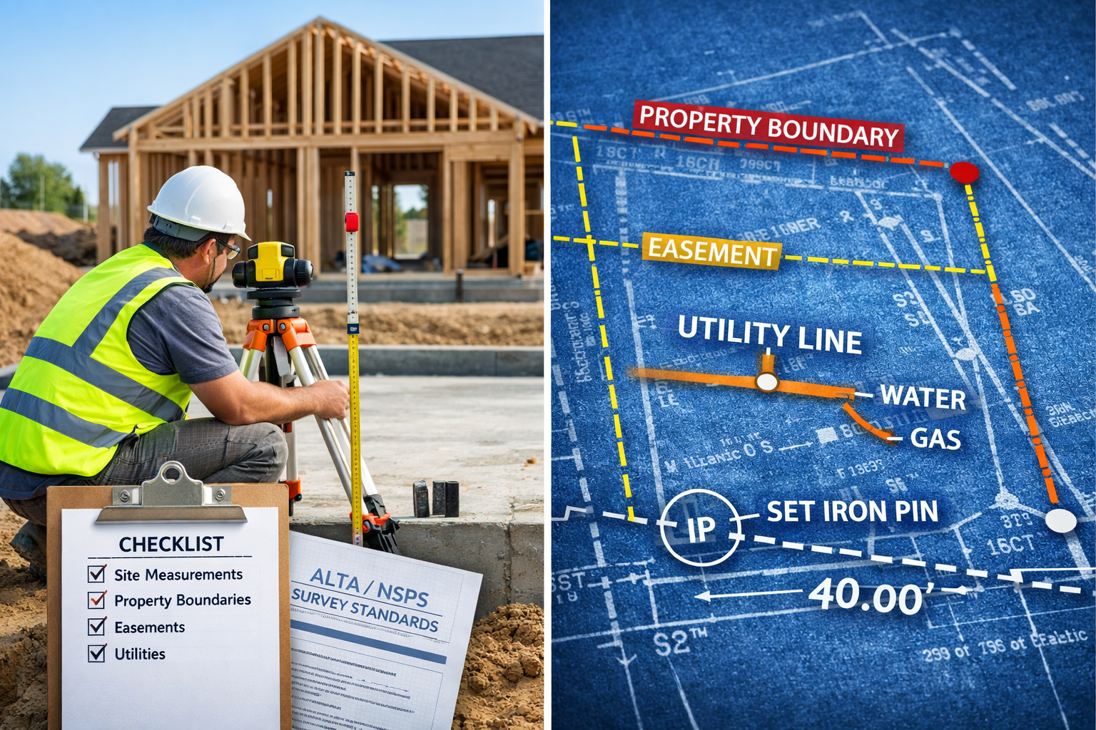 Landscape format (1536x1024) editorial image showing split comparison: left side displays professional surveyor examining new build foundati