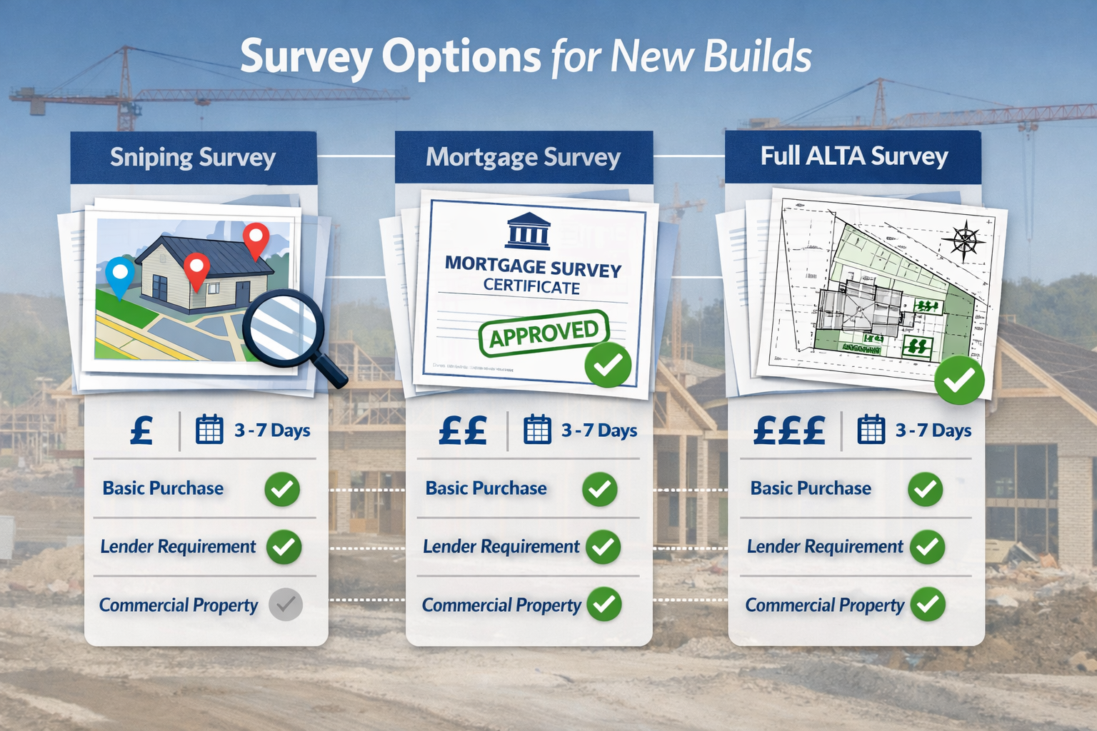 Landscape format (1536x1024) infographic-style image displaying three distinct survey types for new builds: sniping survey document with pro