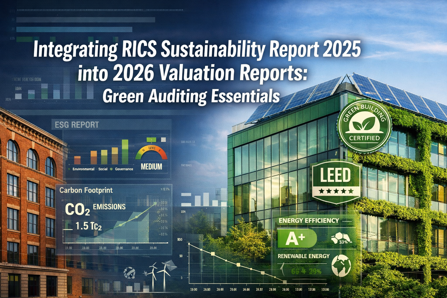 Professional () editorial hero image featuring 'Integrating RICS Sustainability Report 2025 into 2026 Valuation Reports: