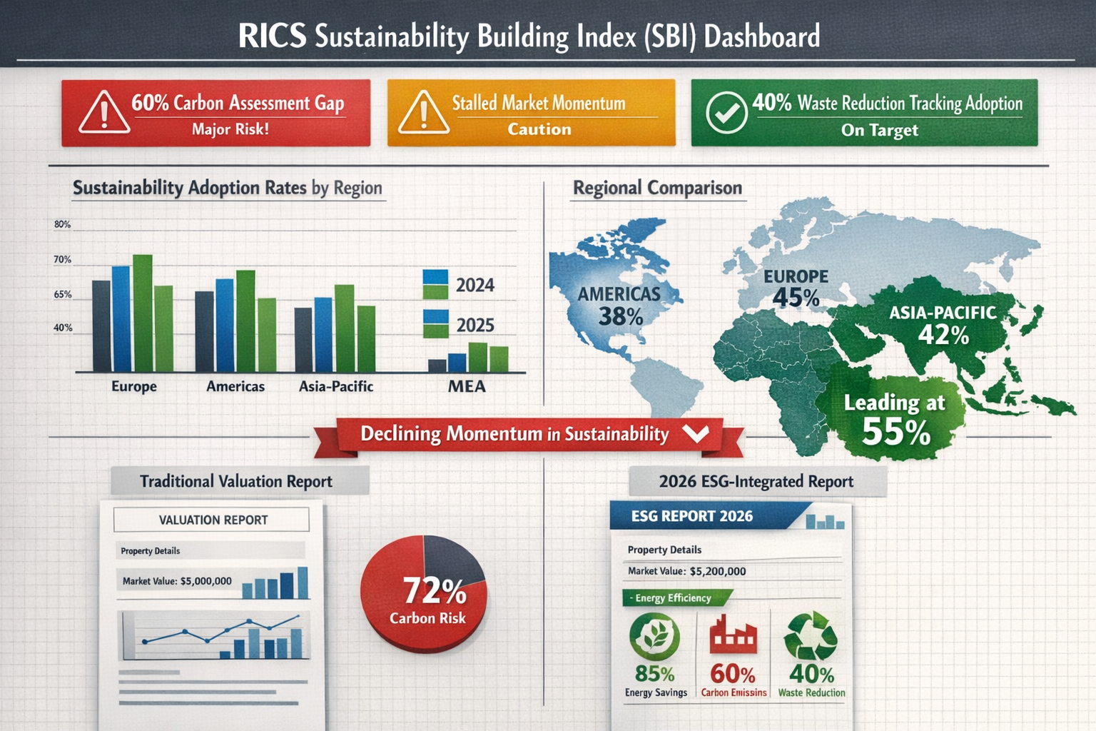 () detailed infographic showing the RICS Sustainability Building Index (SBI) dashboard with declining momentum indicators,