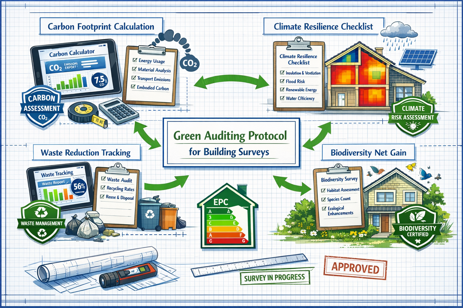 () technical illustration depicting green auditing protocol workflow for building surveys, showing step-by-step carbon