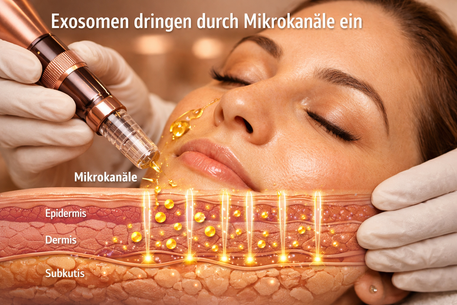 Querformat () Nahaufnahme einer Microneedling-Behandlung: Eine behandschuhte Hand führt einen Microneedling-Pen sanft über