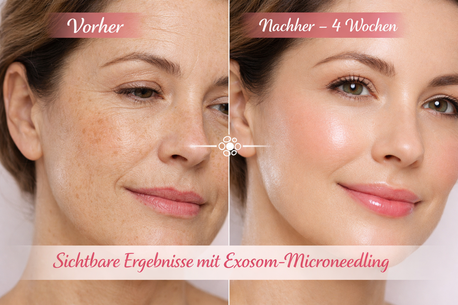 Querformat () Split-Screen Vorher-Nachher-Vergleich: Linke Seite zeigt Haut mit feinen Linien, Pigmentflecken und müdem