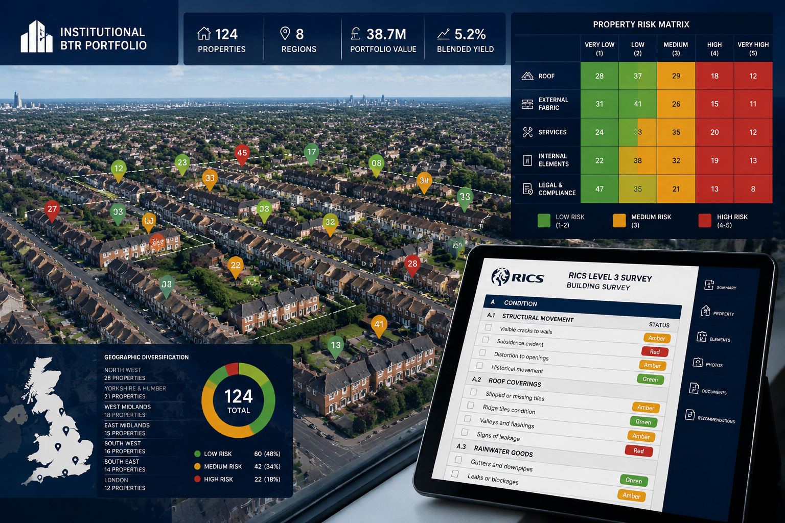 Wide-angle aerial view of a UK institutional buy-to-let portfolio spanning multiple residential streets, overlaid with a