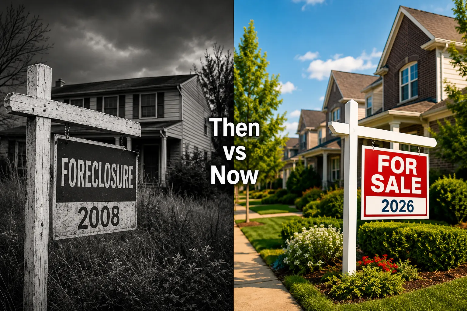 Cinematic split-screen editorial image (): left half shows a dramatic black-and-white archival-style photo of a 2008