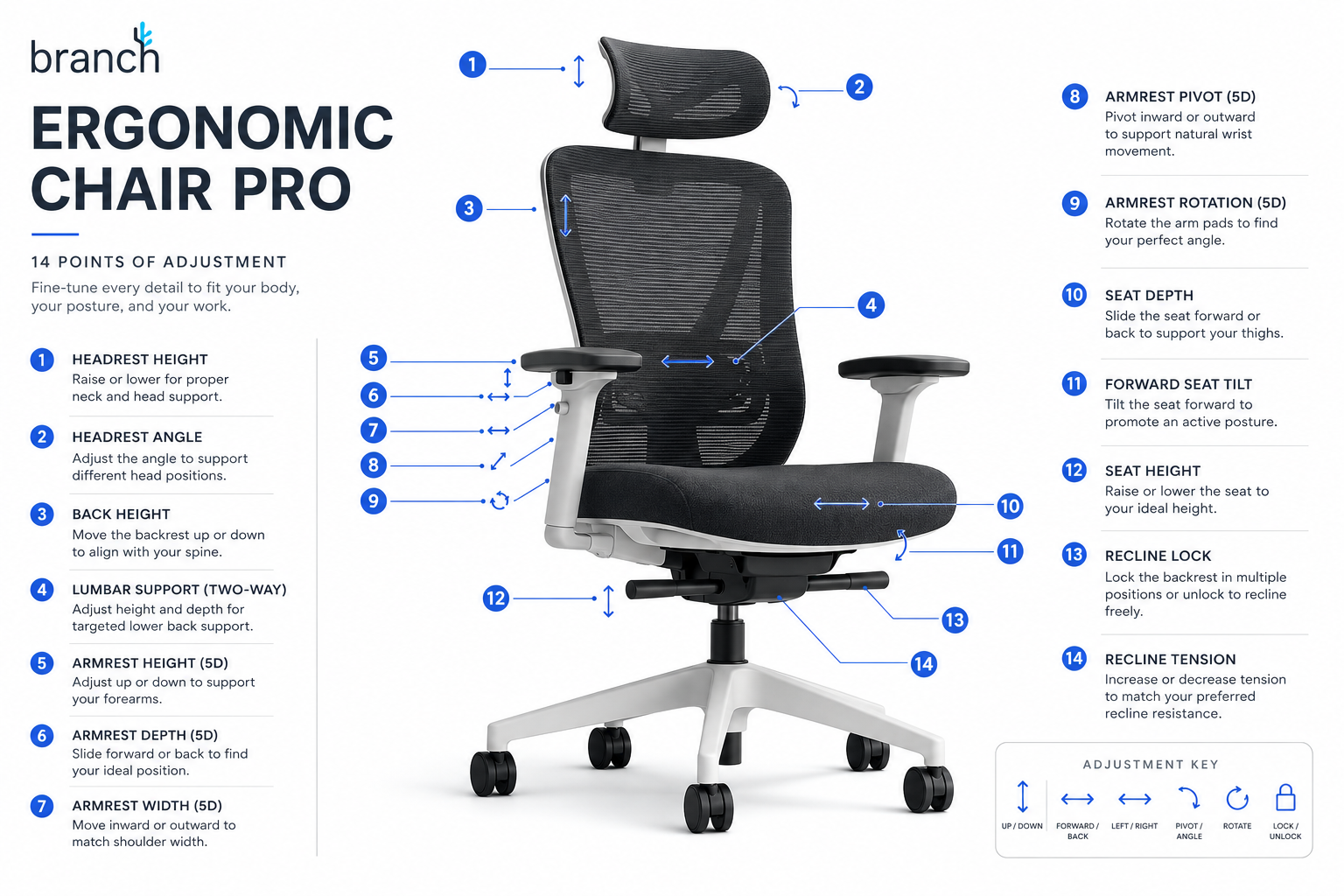 Detailed landscape format (1536x1024) infographic-style image showing the Branch Ergonomic Chair Pro from a 45-degree front angle with labeled callout arrows pointing to 14 adjustment points: 5D armrests, two-way lumbar support, forward seat tilt, headrest, seat depth, recline tension. Clean white background, professional product diagram style, charcoal and white color palette with blue accent labels, technical illustration quality, editorial grade.