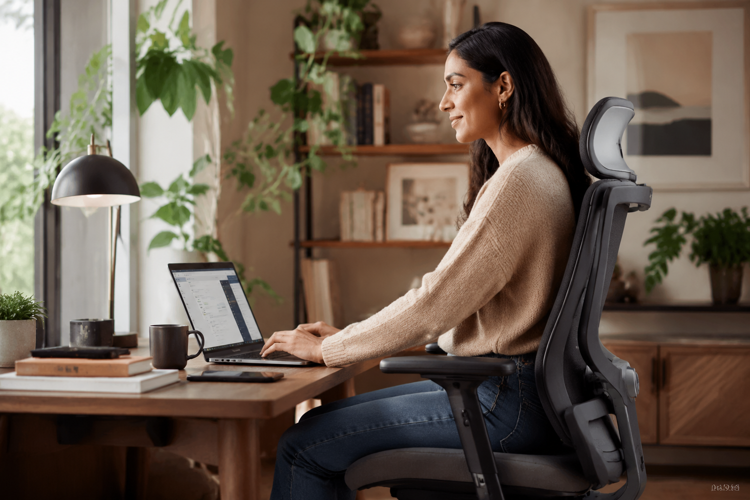 Detailed landscape format (1536x1024) lifestyle photograph showing a diverse professional seated comfortably in a Branch Ergonomic Chair Pro in vegan leather finish at a modern home office desk, good posture, relaxed expression, laptop open, soft afternoon light from a side window, indoor plants in background, warm and productive atmosphere, shallow depth of field, editorial magazine quality, authentic work-from-home aesthetic.
