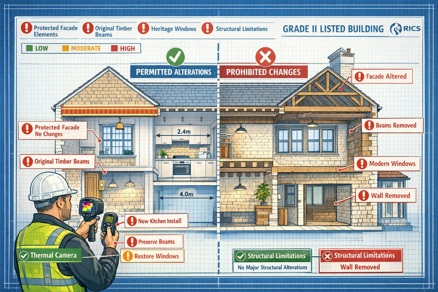 () detailed cutaway architectural illustration showing cross-section of Grade II listed building with labeled restriction
