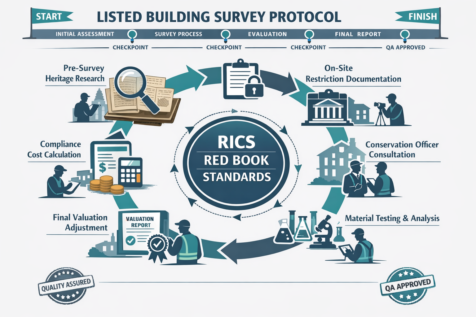 () comprehensive workflow diagram illustrating listed building survey protocol from initial assessment to final valuation