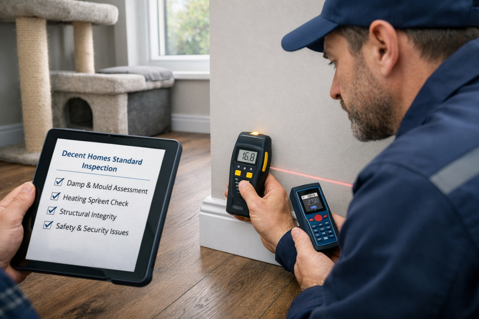 Detailed () image showing professional building surveyor conducting interior property inspection in modern UK rental flat.