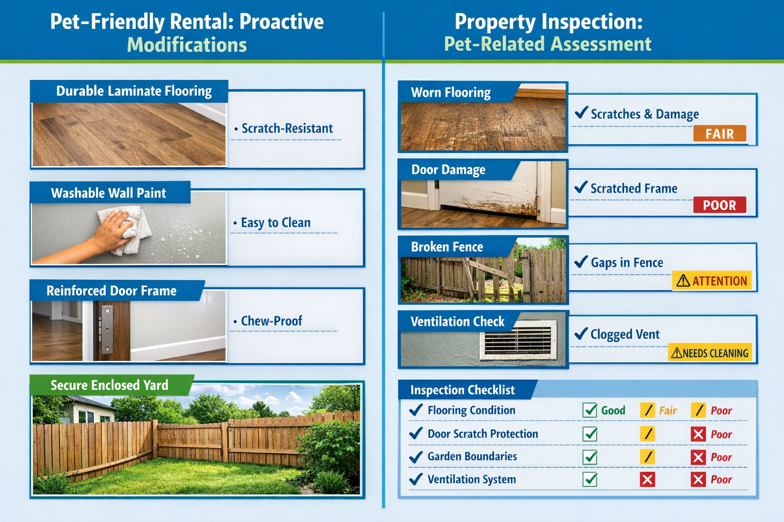 Wide-angle () image depicting side-by-side comparison of pet-friendly rental property features and potential wear areas.